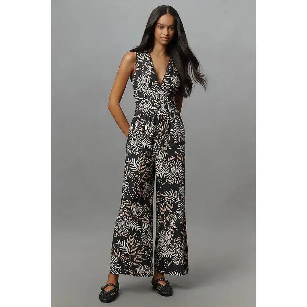 Farm Rio Anthropologie Printed V-Neck Jumpsuit Wide Leg Floral Birds Size XL NWT